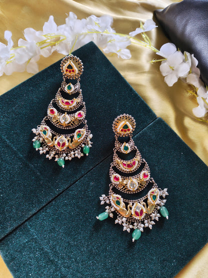 Mayurika Dual Tone Kundan Chandbali Earrings | Gold Matt & Silver Finish Heritage Statement Earrings