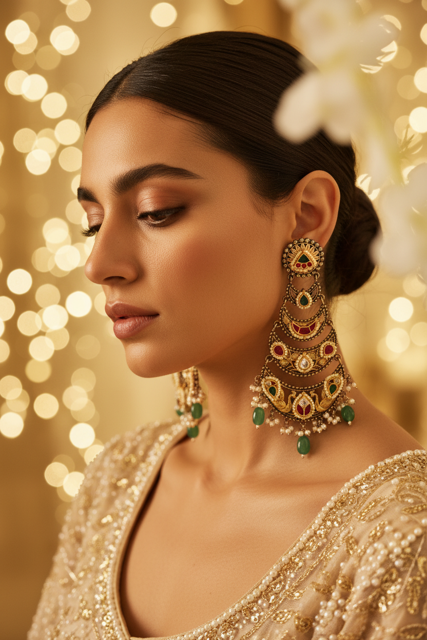 Mayurika Dual Tone Kundan Chandbali Earrings | Gold Matt & Silver Finish Heritage Statement Earrings