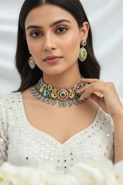 Mayur Veena German Silver Neck Hugging Choker Set with Earrings | Peacock Kundan Fusion Statement Choker for Women