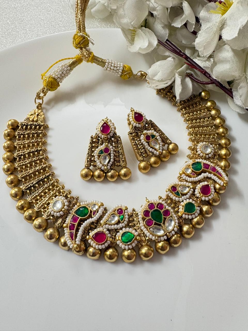 Gold Matt Kundan Pearl Choker Set With Earrings Traditional Bridal Festive Jewellerygold Matt Kundan Temple Choker Set With Earrings Bridal South Indian Wedding Jewellery by Alankrent