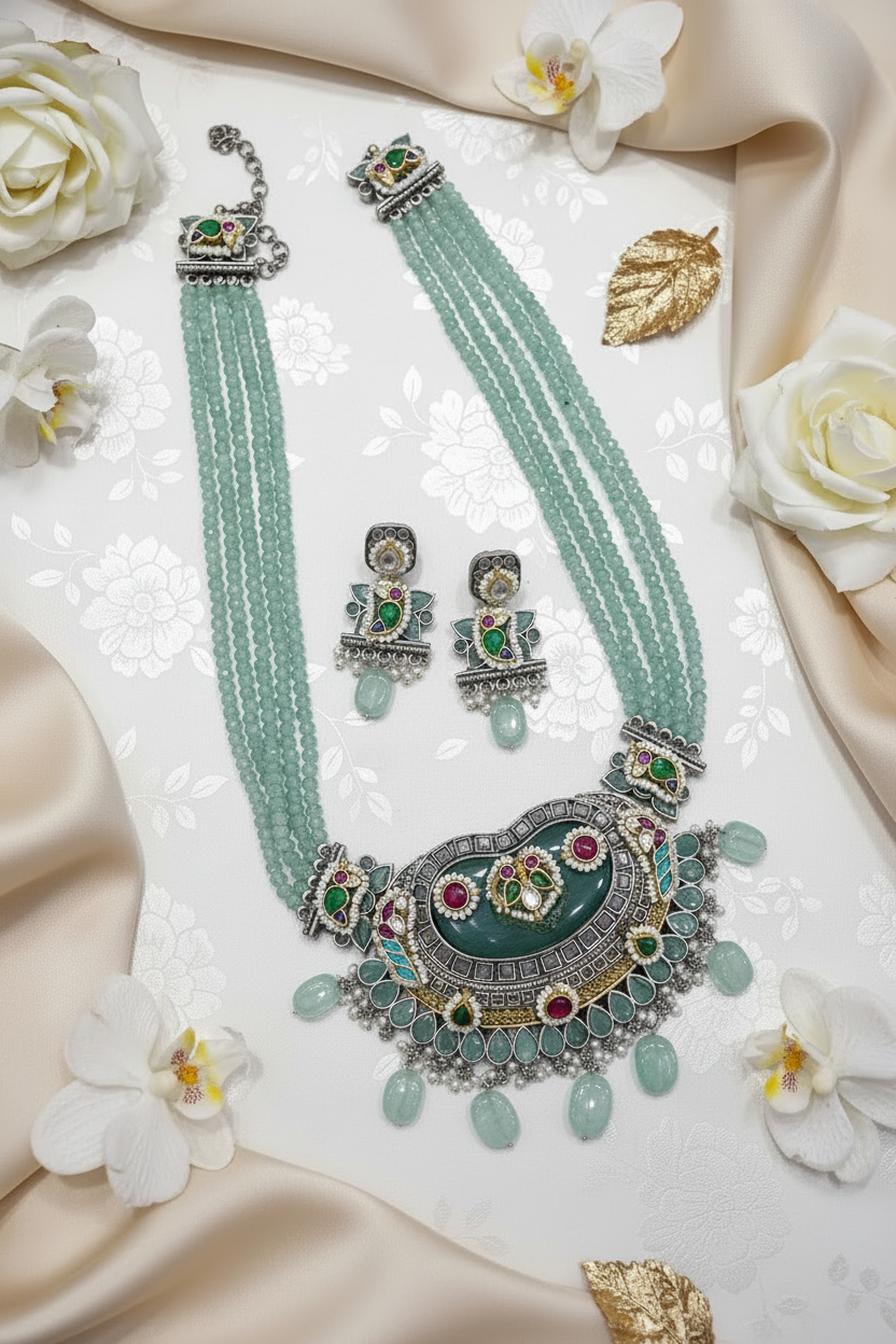 Neelambari Premium SLA Dual Tone Stone Necklace Set with Kundan Fusion & Earrings | Heritage Wedding Jewellery