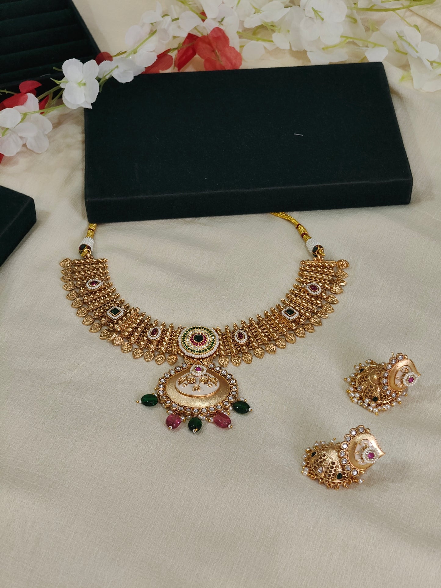 Rajvanshi Gold Lookalike Jadtar Kundan Necklace Set with Meenakari Pendant & Jhumka Earrings | Bridal Jewellery