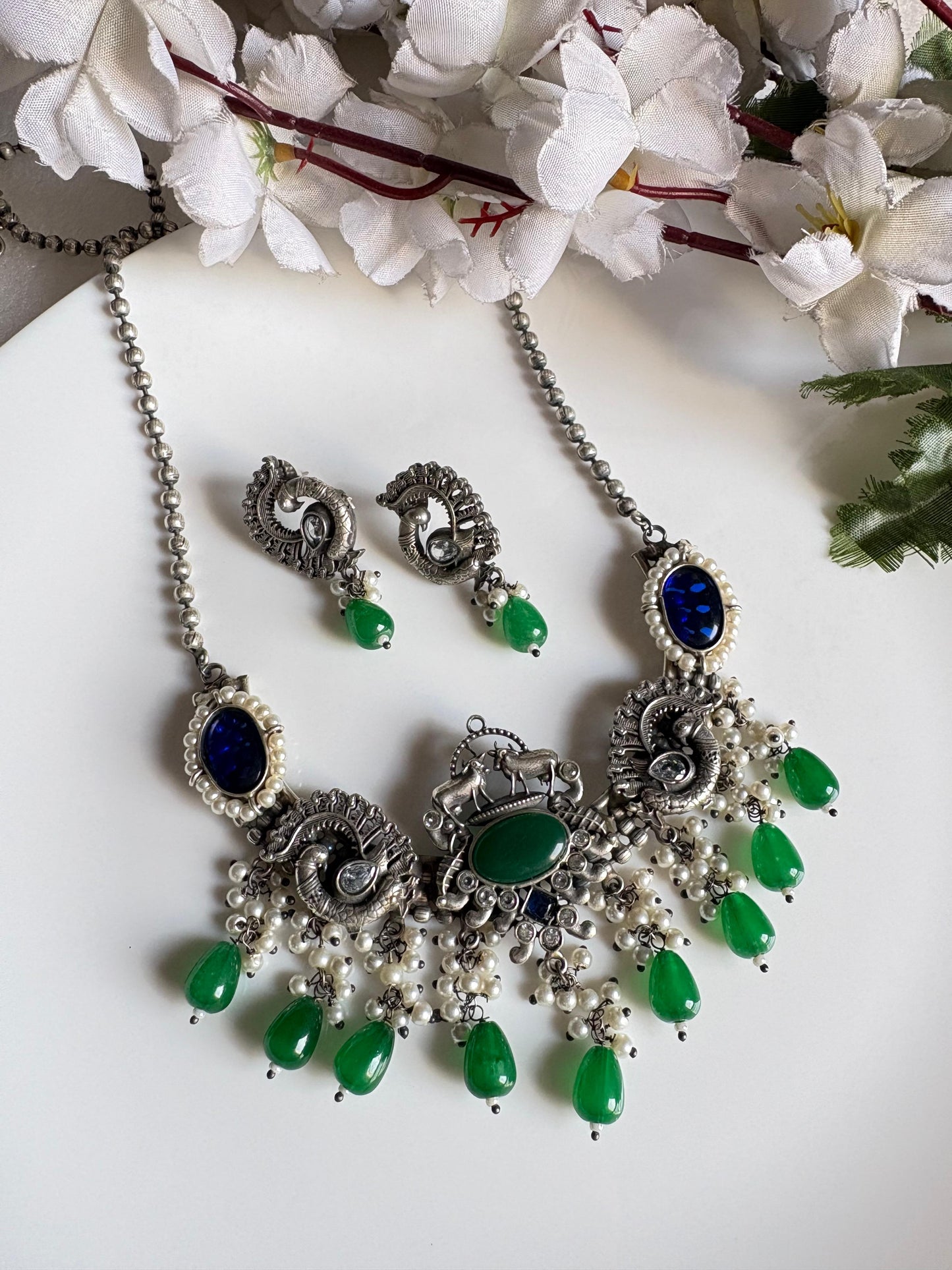 Oxidized Silver Look Long Half Hasli Necklace Set with Heritage Motifs, Crystals & Stone Drops by Alankrent