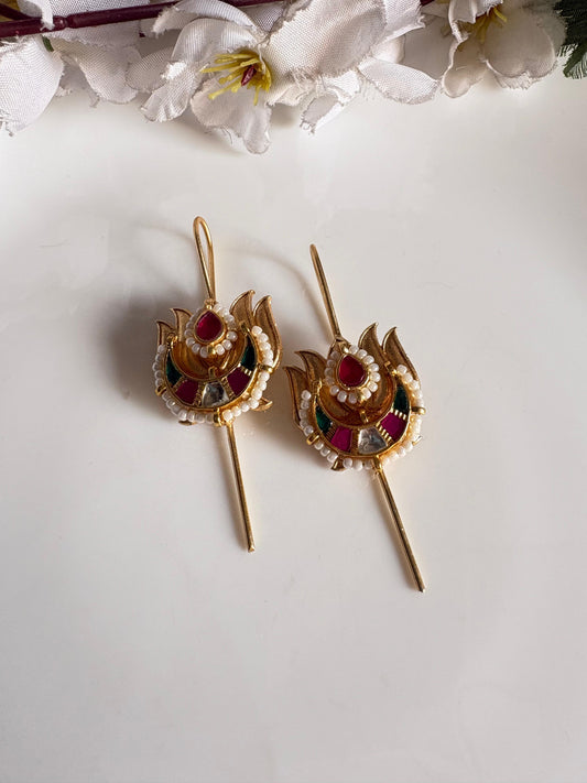 Traditional Gold Temple Matti Pins: Ruby & Pearl Kanphool Earrings by Alankrent
