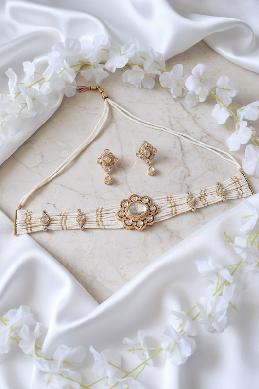 Noor Polki Moissanite Pearl Choker Set with Earrings | Luxury Bridal Kundan Choker Necklace for Women