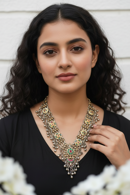 GhunghrooRaas Long Pacchi Kundan Haar | Traditional Ghunghroo Statement Necklace