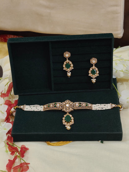 Zareen Emerald Polki Moissanite Choker Set with Pearl Beads & Matching Earrings | Bridal Jewellery