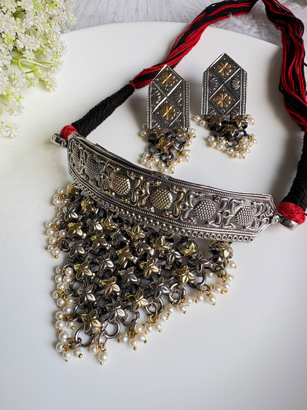 Rajsi Gulbahar Premium Dualtone Handmade SLA Thread Hasli with Pearl Detailing & Earrings | Navratri Jewellery
