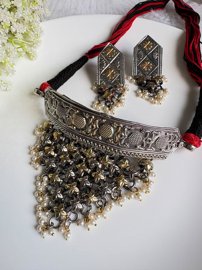 Rajsi Gulbahar Premium Dualtone Handmade SLA Thread Hasli with Pearl Detailing & Earrings | Navratri Jewellery