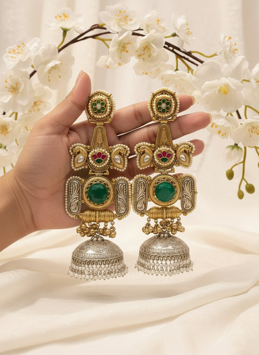 Royal Dual-Tone Temple Jhumka Collection | Antique Gold–Silver Heritage Earrings