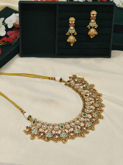 Aarunya Pastel Kundan Polki Choker Necklace Set with Designer Jhumka Earrings | Premium Bridal Jewellery