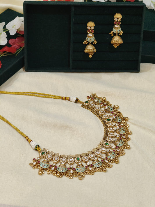 Aarunya Pastel Kundan Polki Choker Necklace Set with Designer Jhumka Earrings | Premium Bridal Jewellery