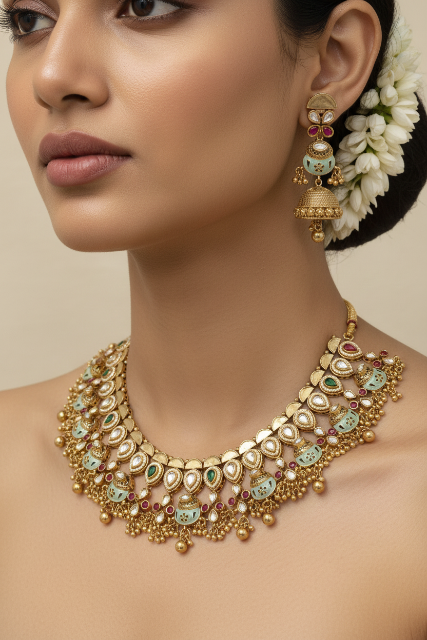 Aarunya Pastel Kundan Polki Choker Necklace Set with Designer Jhumka Earrings | Premium Bridal Jewellery