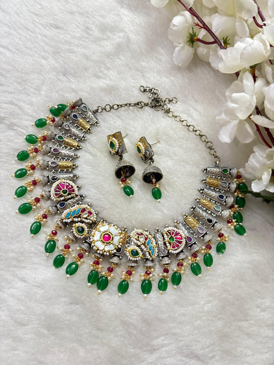 Temple Inspired Dual Tone Kundan Choker Set | Silver Look Alike Polish | Brass Base with Green Beads & Multicolour Enamel – Limited Edition
