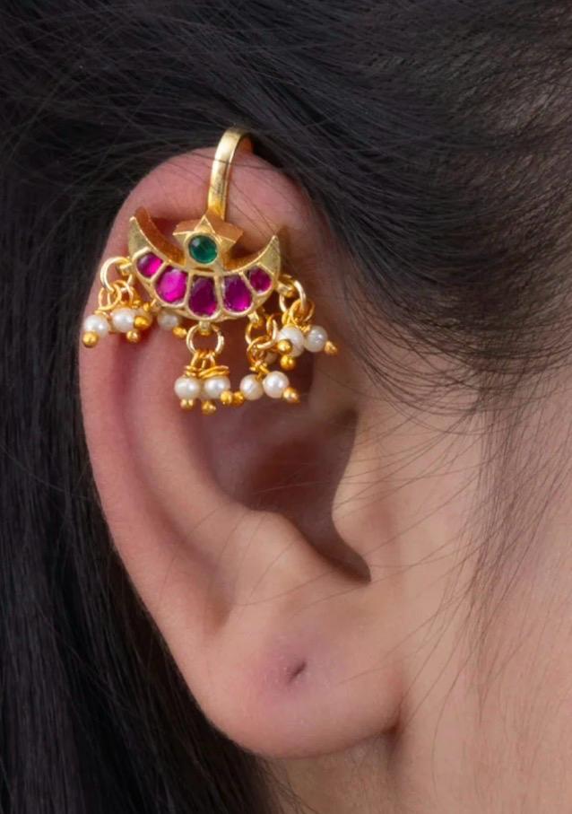 Traditional Kundan Earclip Bugadi with Pearl Drops Maharashtrian Wedding and Festive Jewellery Alankrent Luxe - Alankrent Luxe