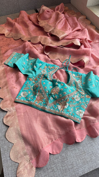 Pure Cosmo Munga Silk Saree with Zardozi & Pearl Work | Luxury Ethnic Wear