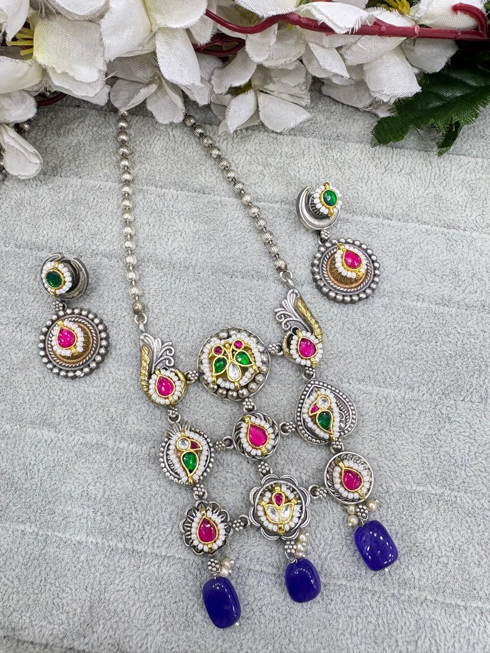 Vasudha Dualtone SLA Kundan Fusion Necklace with Earrings | Navratri & Festive Jewellery