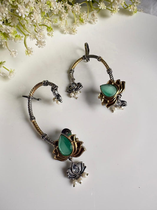 Padmika Dual-Tone Stone Ear Cuffs with Lotus Motif | Indian Ethnic Statement Jewellery