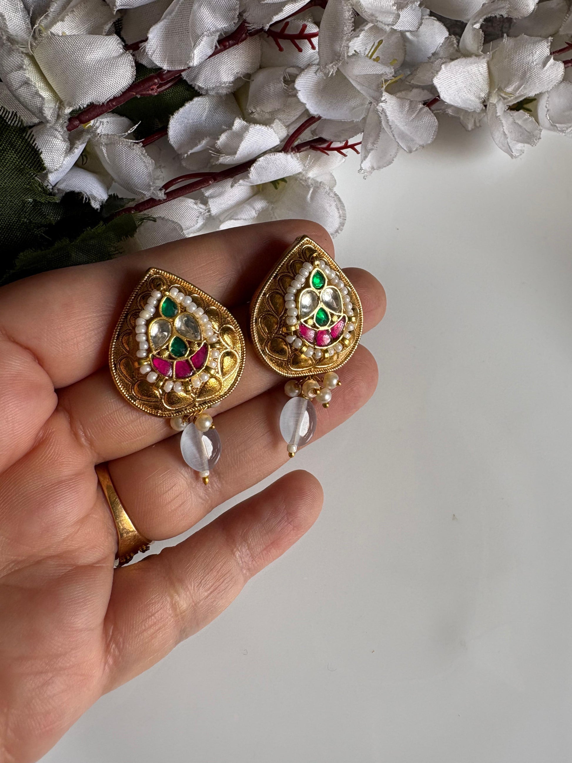 Pranvi Apala Gold Matt Polish Kundan Earrings with Pearl Detailing & Color Drop | Budget Friendly Ethnic Jewellery | Alankrent by Alankrent