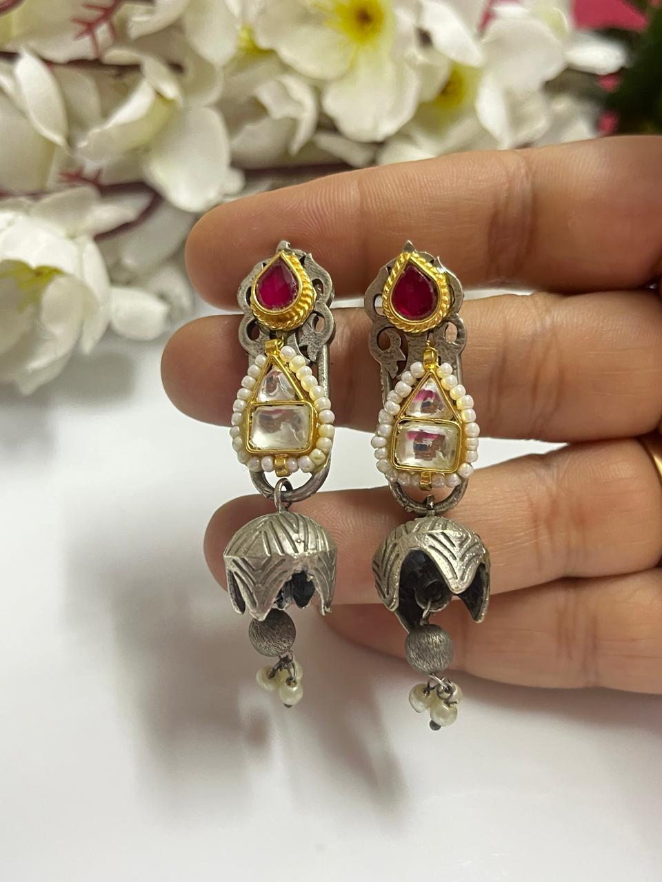 Brass Kundan Fusion Earrings | Handcrafted Jhumki with Ruby Stone Tops & Pearl Detailing