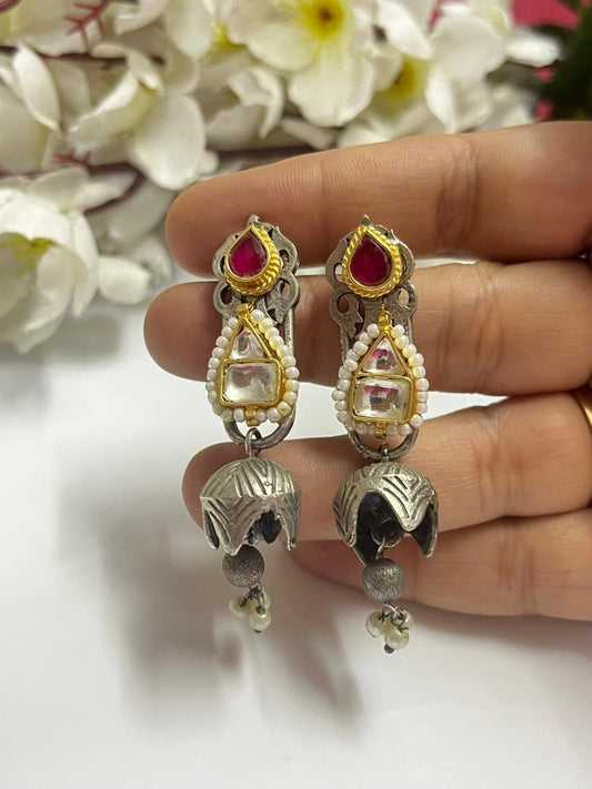 Brass Kundan Fusion Earrings | Handcrafted Jhumki with Ruby Stone Tops & Pearl Detailing