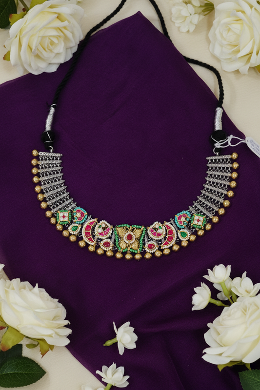 Mayurangana Dual Tone SLA Kundan Fusion Necklace | Silver Look Statement Necklace for Women | Traditional Ethnic Jewellery