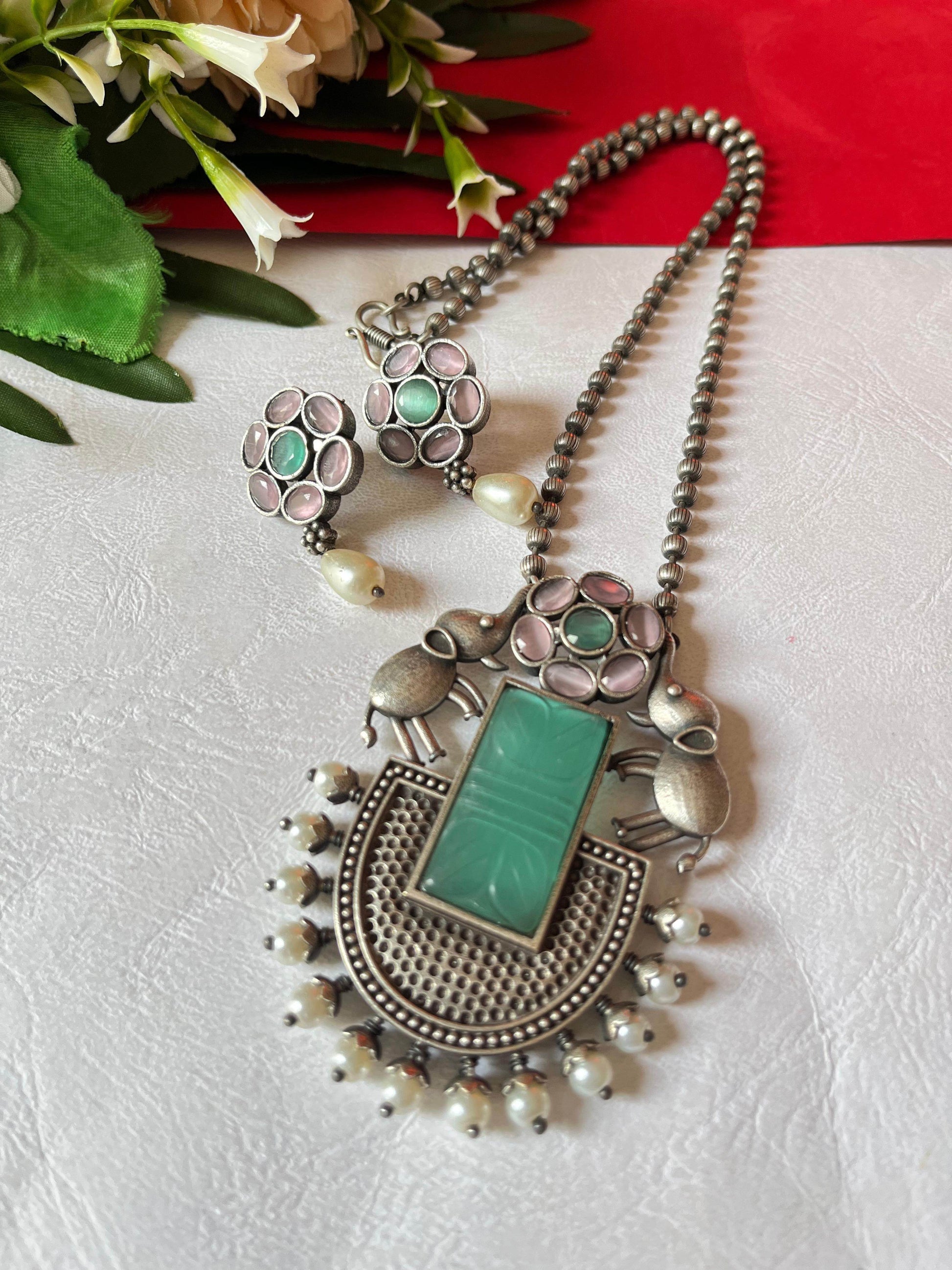 Silver Lookalike Necklace - Elephant Monalisa Stone with earrings - Alankrent Luxe