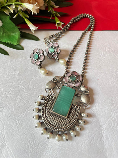 Silver Lookalike Necklace - Elephant Monalisa Stone with earrings - Alankrent Luxe