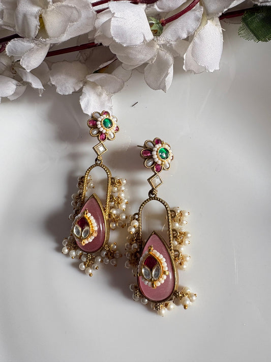 Kundan Fusion Long Earrings With Pearl Drops Brass Base Festive Statement Wear Alankrent Ak Kfle - Alankrent Luxe