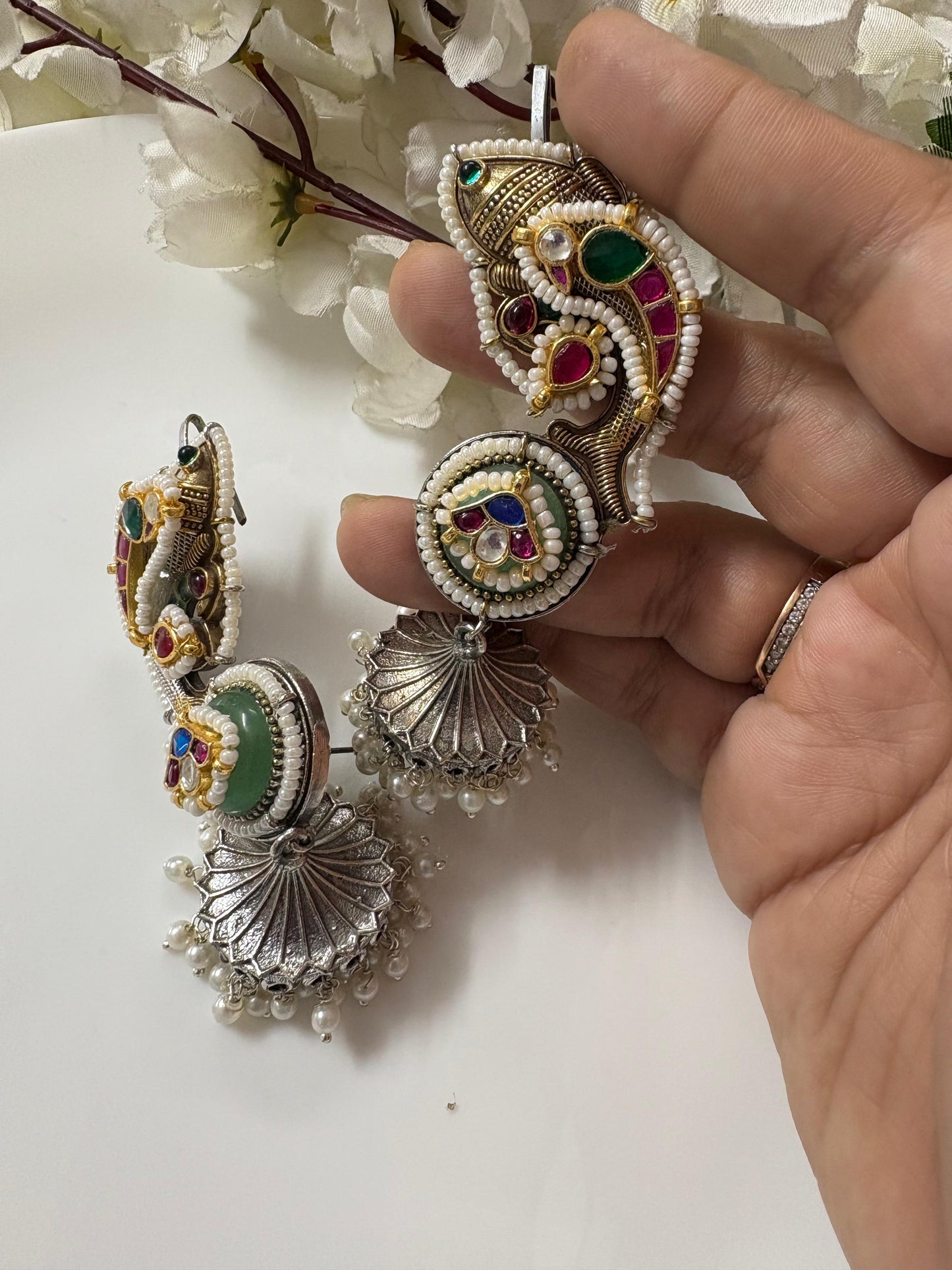 Pachi Kundan Dual-Tone Jhumka Earcuffs | Bahubali Style Earrings