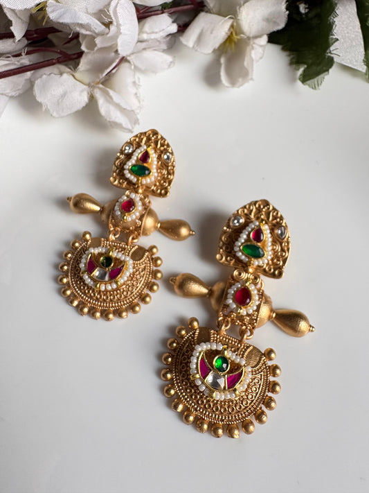 Aarohi Gold Matt Kundan Chandbali Earrings | Traditional Gold Polish Statement Earrings