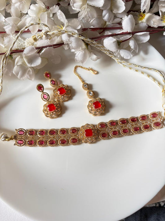Red Zircon Diamond Choker Set with Maang Tikka & Earrings