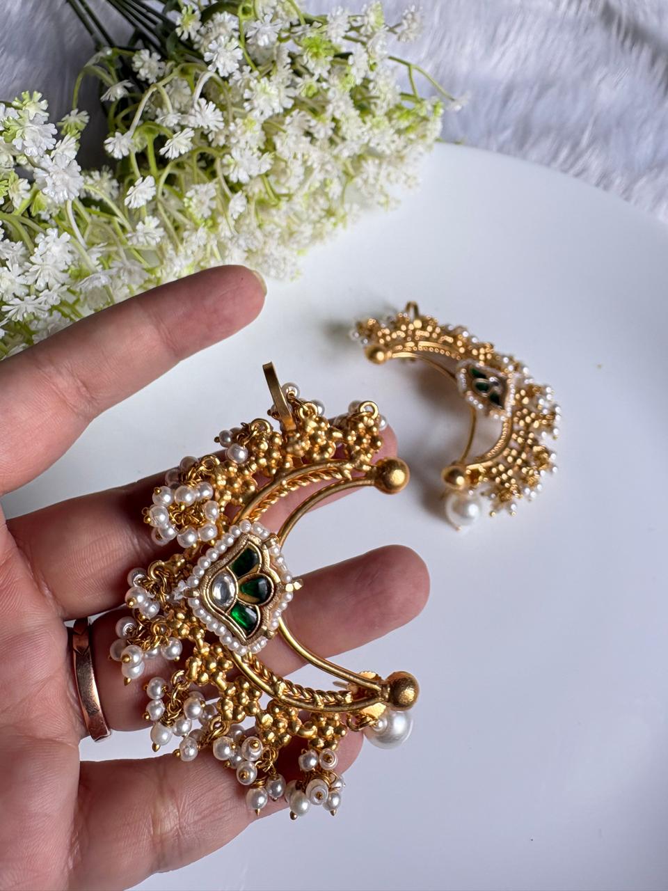 Aadhya Kundan Pearl Full Ear Cuff | Gold Polish Traditional Ear Cuff