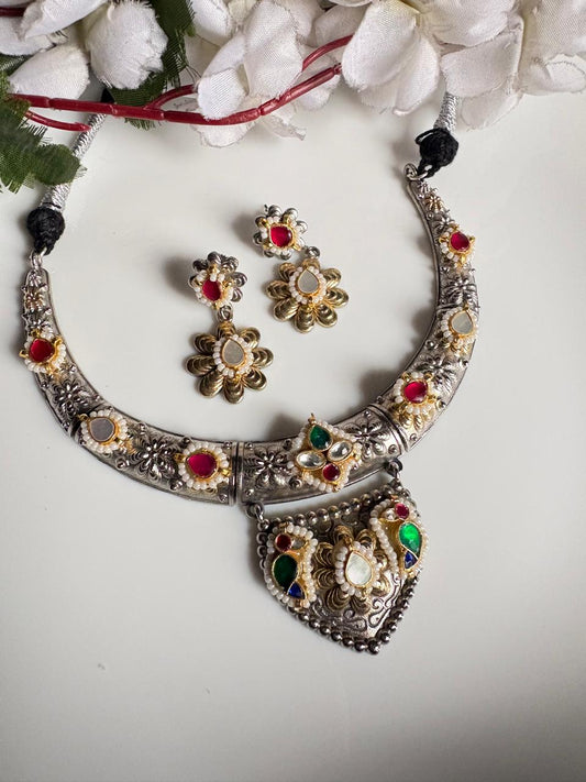 Ratnaprabha Kundan Fusion Dual Tone SLA Hasli Necklace Set with Earrings | Premium Brass Statement Jewellery | Alankrent Luxe