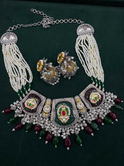 Ratnarekha Premium SLA Dual Tone Stone Necklace Set with Kundan Fusion & Earrings | Heritage Bridal Jewellery
