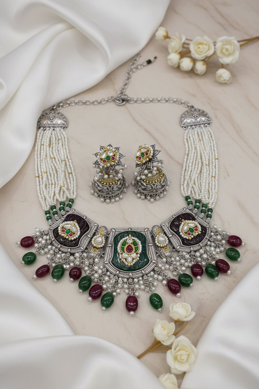 Ratnarekha Premium SLA Dual Tone Stone Necklace Set with Kundan Fusion & Earrings | Heritage Bridal Jewellery
