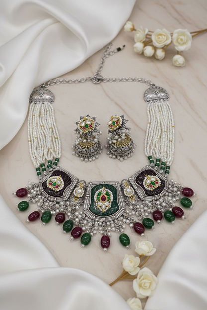 Ratnarekha Premium SLA Dual Tone Stone Necklace Set with Kundan Fusion & Earrings | Heritage Bridal Jewellery