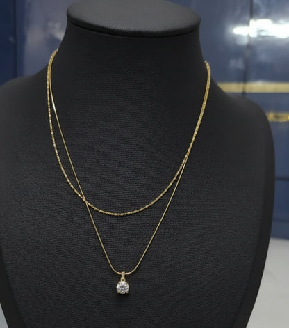 Double Layered Gold Solitaire Necklace | Minimal Elegant Twin Chain Design