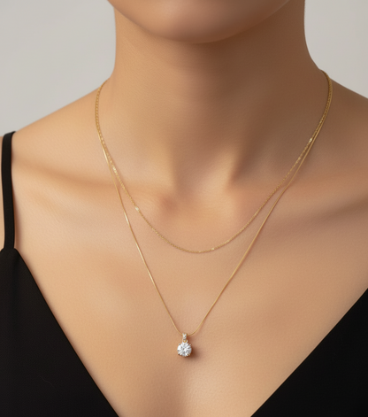 Double Layered Gold Solitaire Necklace | Minimal Elegant Twin Chain Design