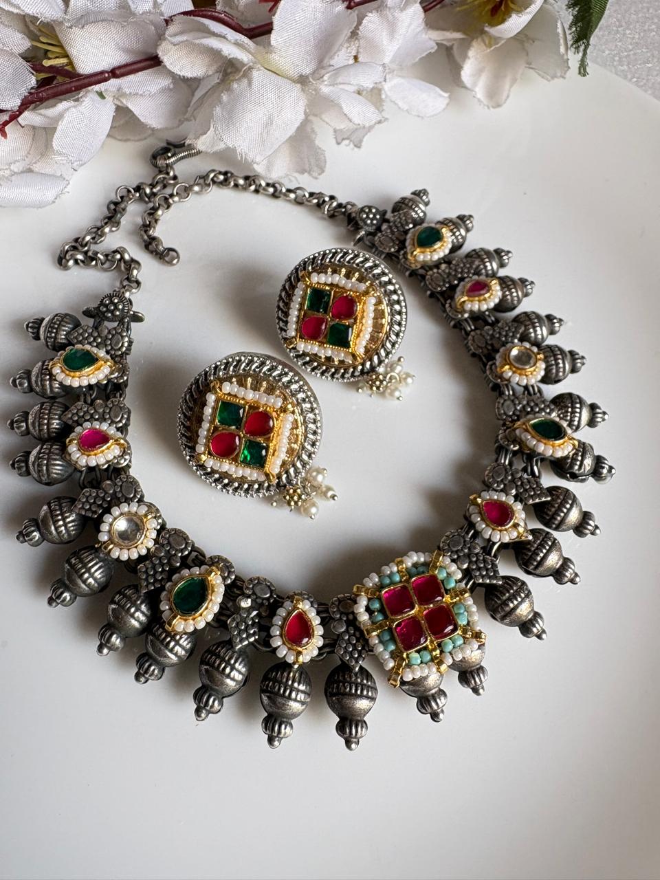 Kolhapuri Kundan Fusion Necklace Set with Earrings | Budget Collection by Alankrent