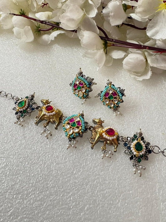 Antique Dual Tone Kundan Nandi Choker Set | Silver Look Alike Polish | Handcrafted Brass Base with Multicolour Stones & Pearls – Limited Edition