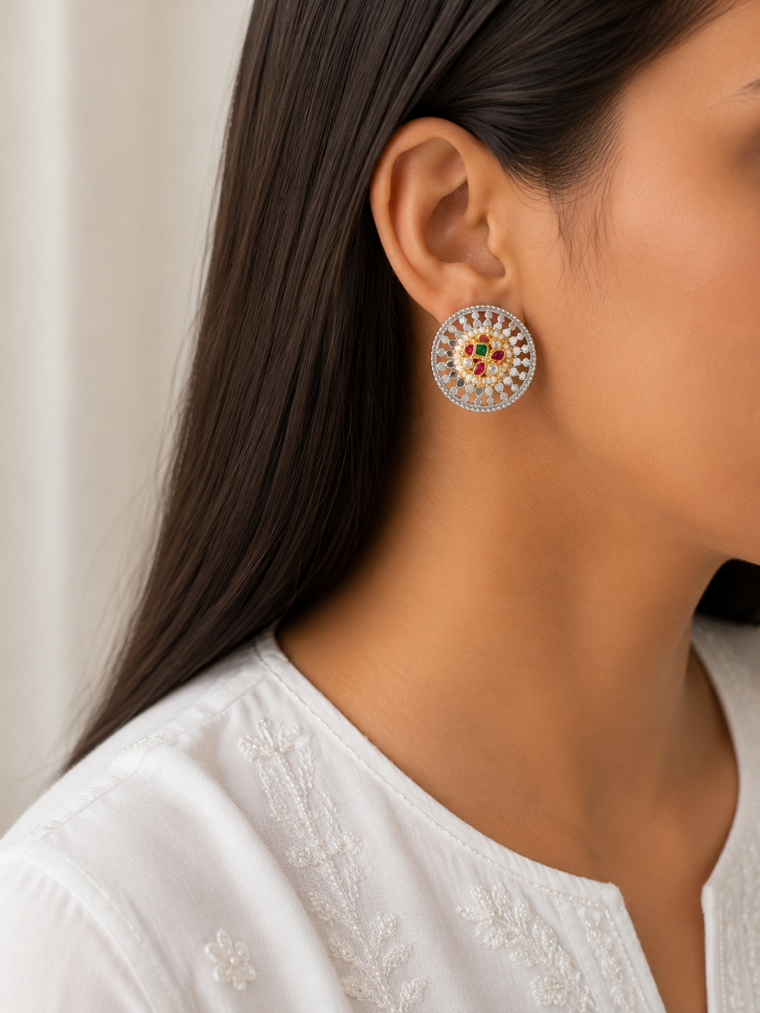 Svarnarekha Dual Tone SLA Fusion Pachi Kundan Stud Earrings | Premium Brass Antique Stud Earrings | Traditional Indian Jewellery | Alankrent Luxe