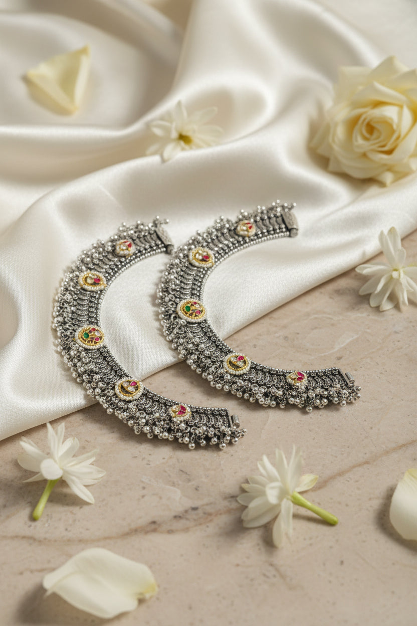 Vasudha German Silver Kundan Payal | Heavy Navratri Garba Anklet