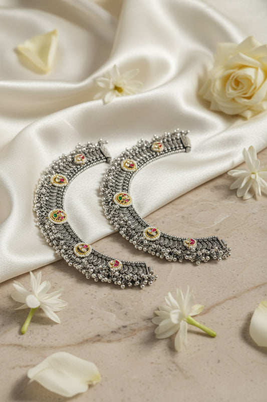 Vasudha German Silver Kundan Payal | Heavy Navratri Garba Anklet