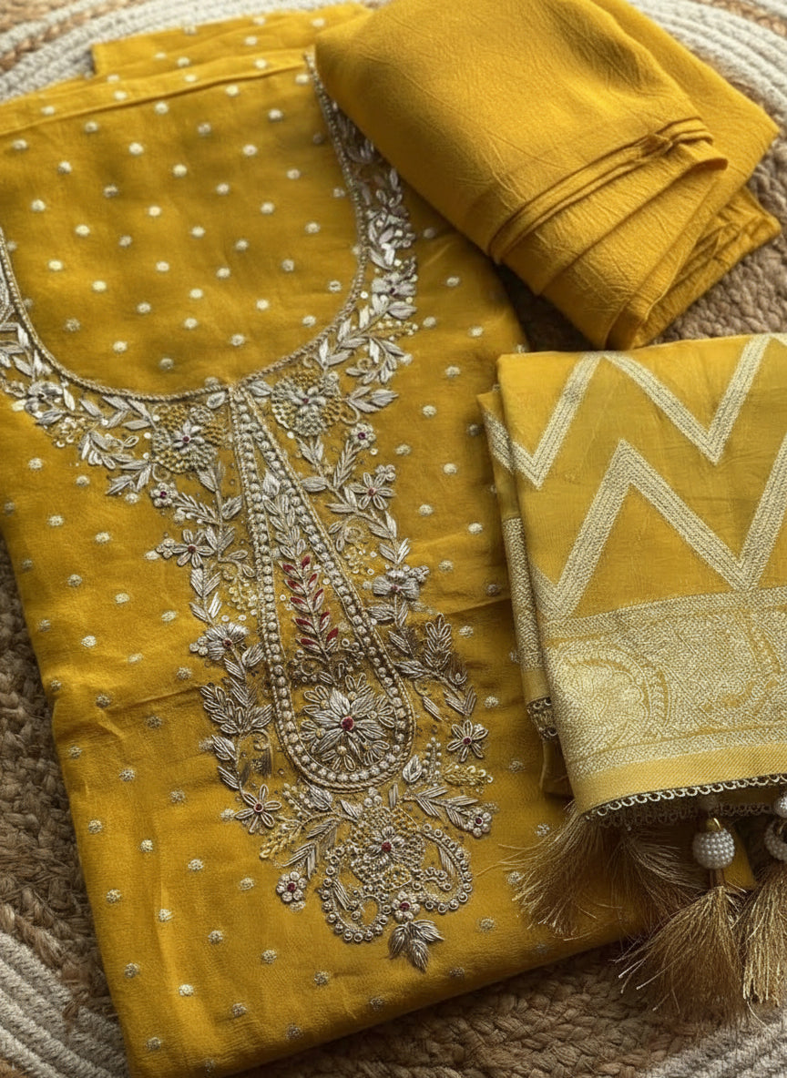 Cosmos Zari Tissue Suit Set | Zardosi & Gota Patti Handwork with Banarasi Dupatta