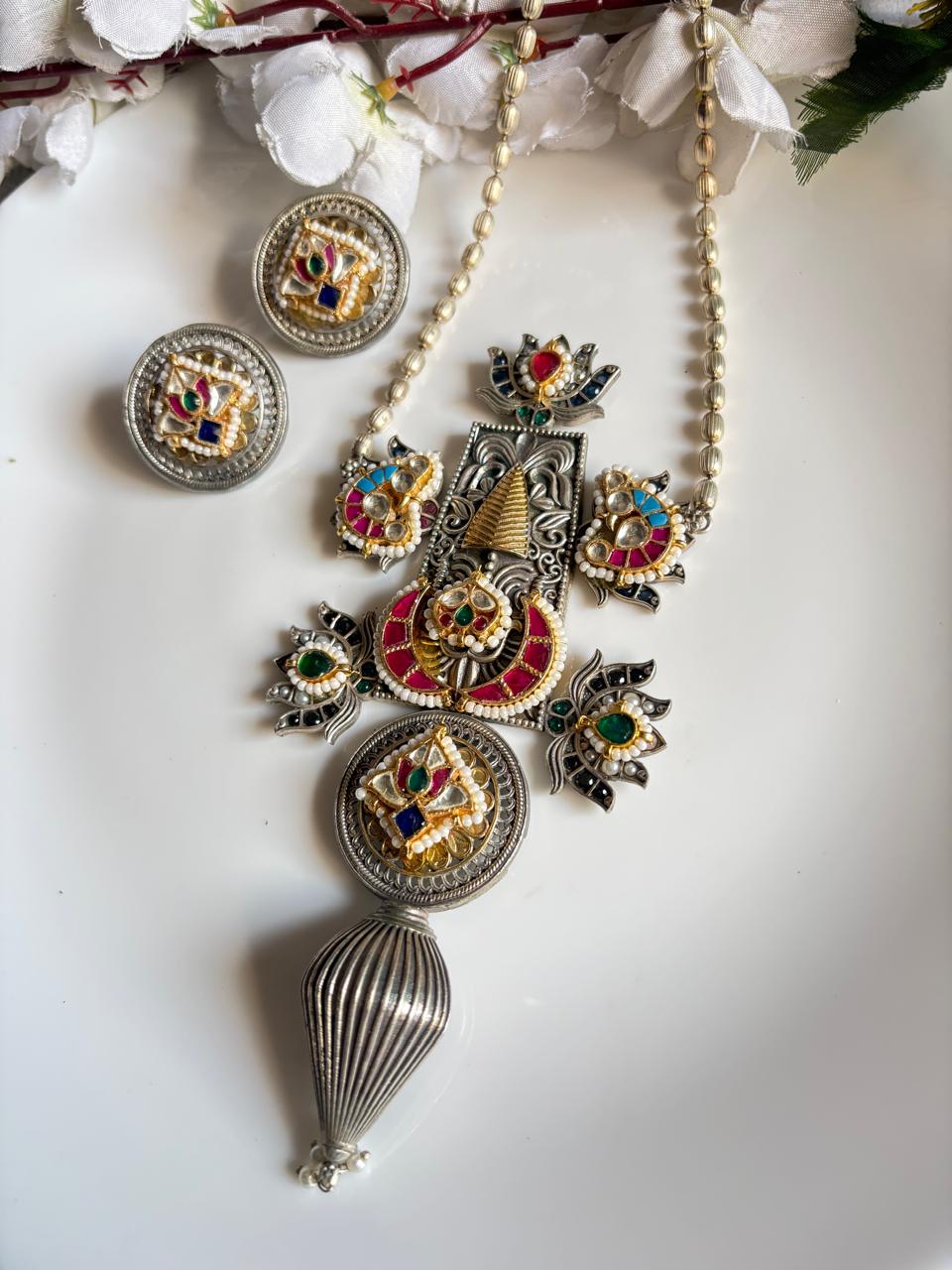 Mahashringar Dualtone SLA Kundan Fusion Long Necklace Set – Statement Jewellery by Alankrent