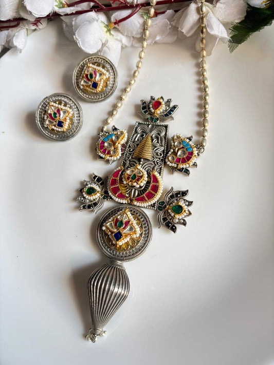 Mahashringar Dualtone SLA Kundan Fusion Long Necklace Set – Statement Jewellery by Alankrent