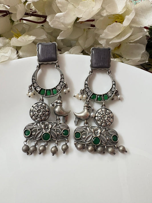 ELVORA Silver Look Statement Earrings with Bird Motif | Designer Ethnic Earrings