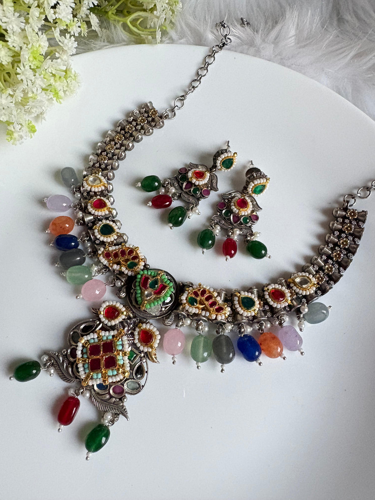 Kutchi Kundan Fusion Choker Necklace Set | Dual Tone Silver Look Jewellery with Earrings