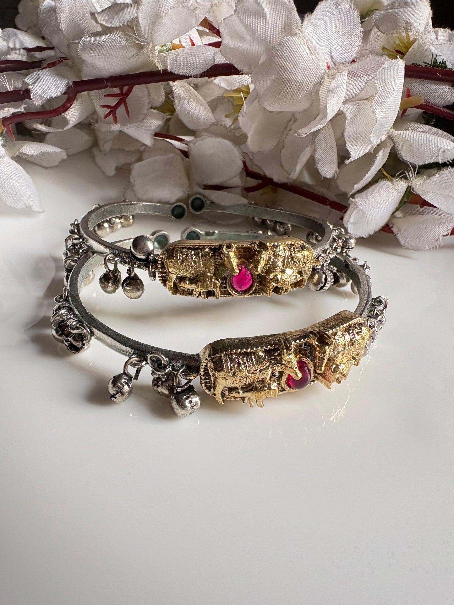 Vrishanandi Nandi Dual Tone Flexible Kada Bangles | Silver Tone Ghungharu Kada for Women | Alankrent Luxe
